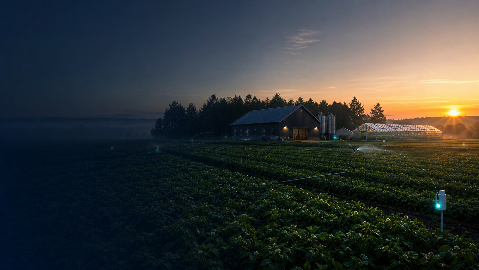 Connected modern farm with fields, barn, greenhouse, irrigation and wireless sensors at sunrise