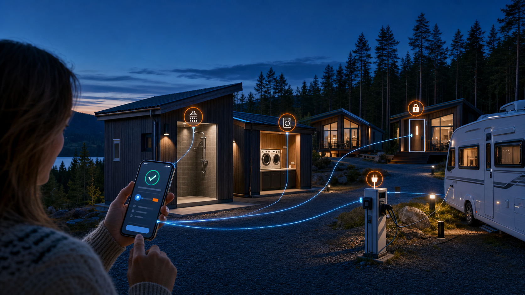 Connected campsite with app-controlled showers, laundry, pitch power and hut access