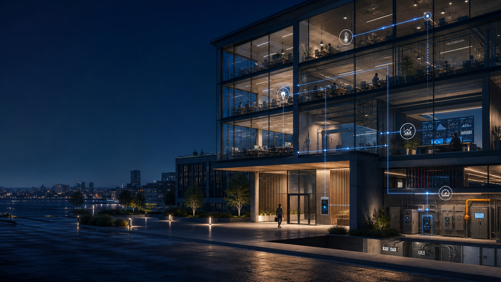 Modern connected office building with smart access, climate and energy automation