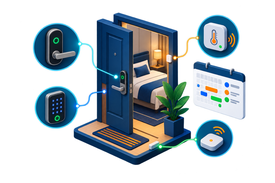 Smart room connected to a lock, keypad, temperature sensor and booking calendar